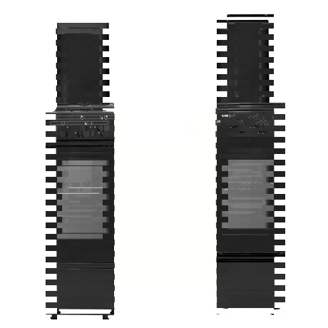Aragaz Samus SM 450 BBS, Gaz, 4 arzatoare, Siguranţă plită + cuptor, Sertar inferior vesela, Capac metal, 50x55 cm, Negru